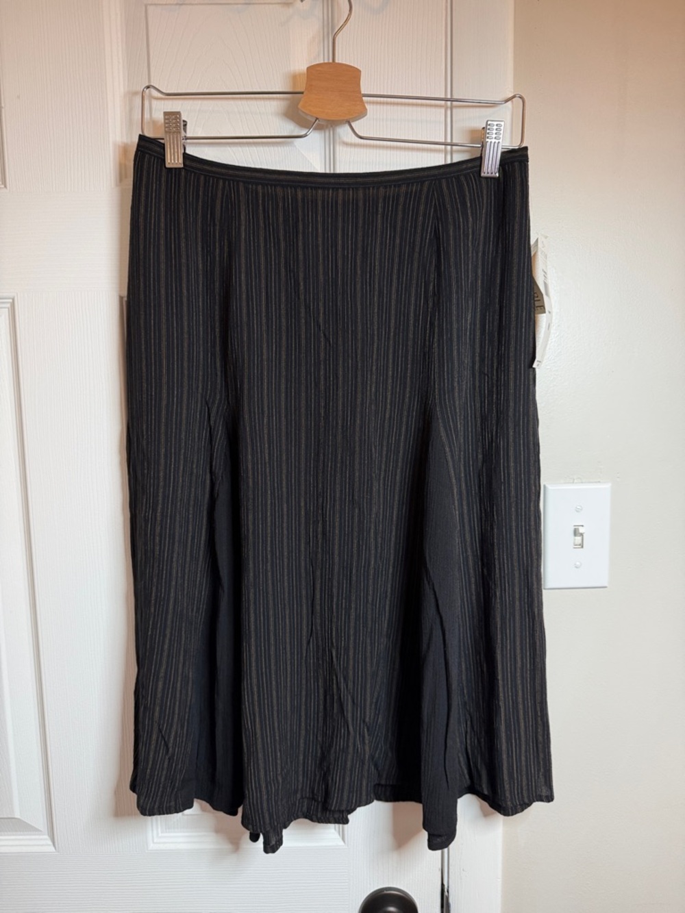 Black Pinstripe Midi Skirt — Classic A-Line
